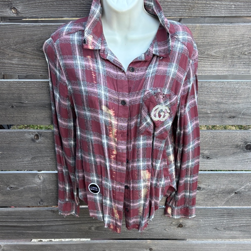 Distressed and repurposed Red Plaid Shirt by “Jagged Threads”